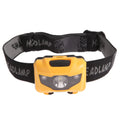 Black head torch with white and red LEDs mounted on adjustable headband for outdoor use
