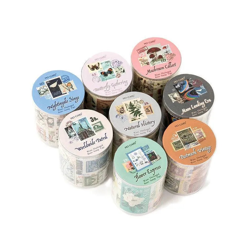 Roll of 55mm wide retro decorative stamp tape for journaling, showing one of four vintage design collections.