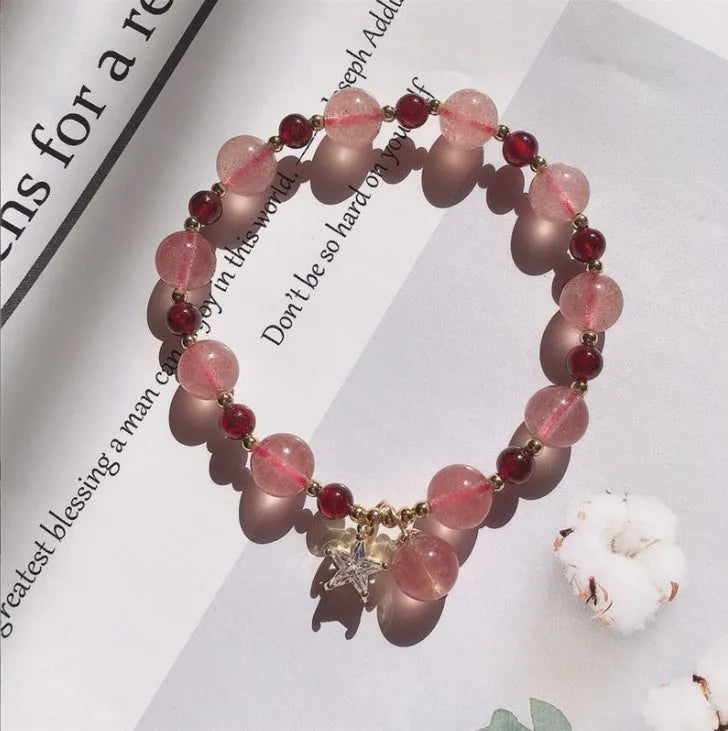 Handcrafted strawberry quartz crystal bracelet for women with natural style and multiple charm options