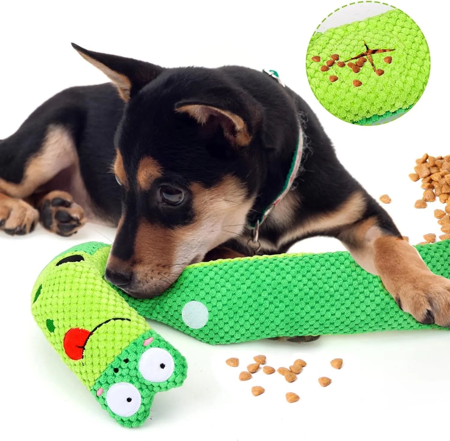 Squeaky dog puzzle snuffle toy that transforms into snail or stick shape for foraging games.