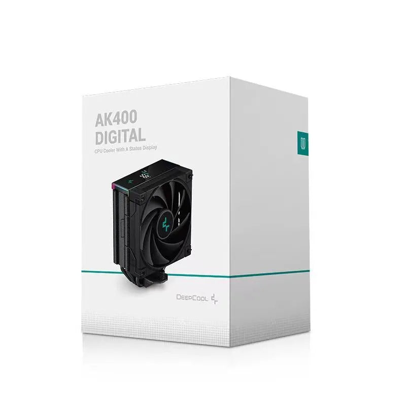 Twin tower black CPU air cooler with fans and a digital temperature display on front.