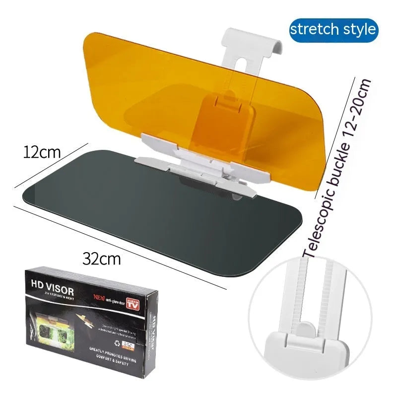 Dual-function anti-glare car sun visor with telescopic arm and acrylic lens.