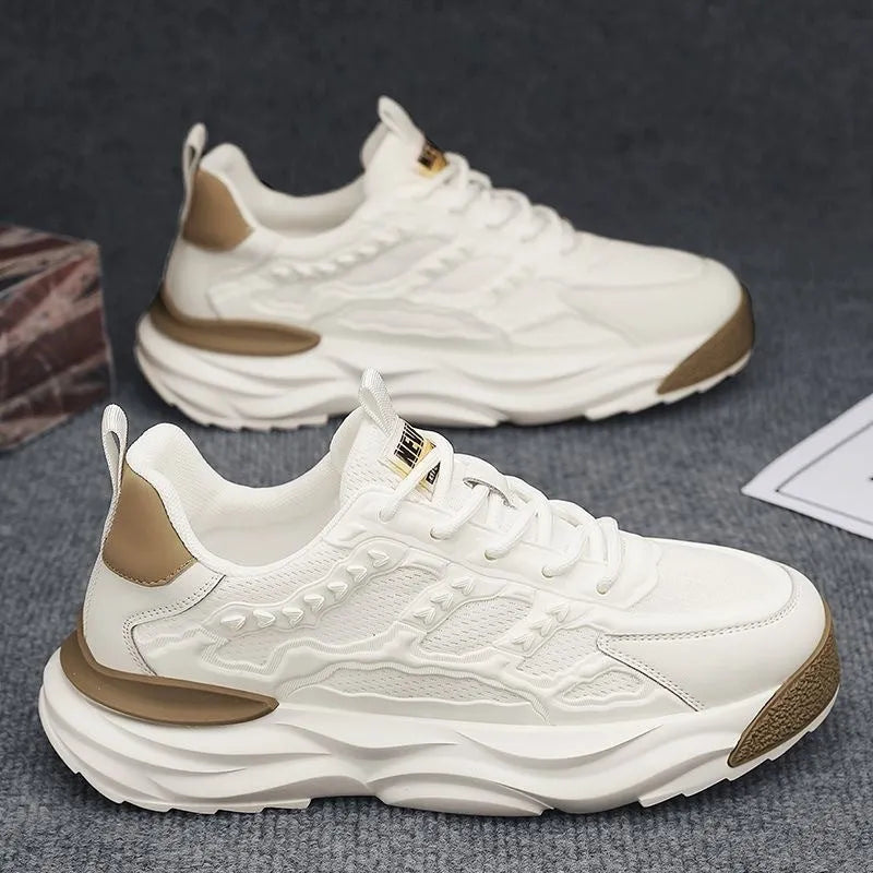 Men's white and black breathable mesh sports shoes with round toe design.