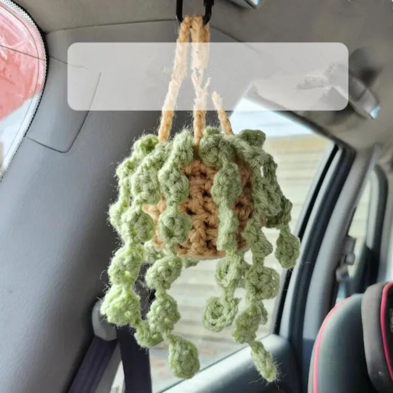 Green and white knitted car plant decoration with hanging rope on 8cm plastic base