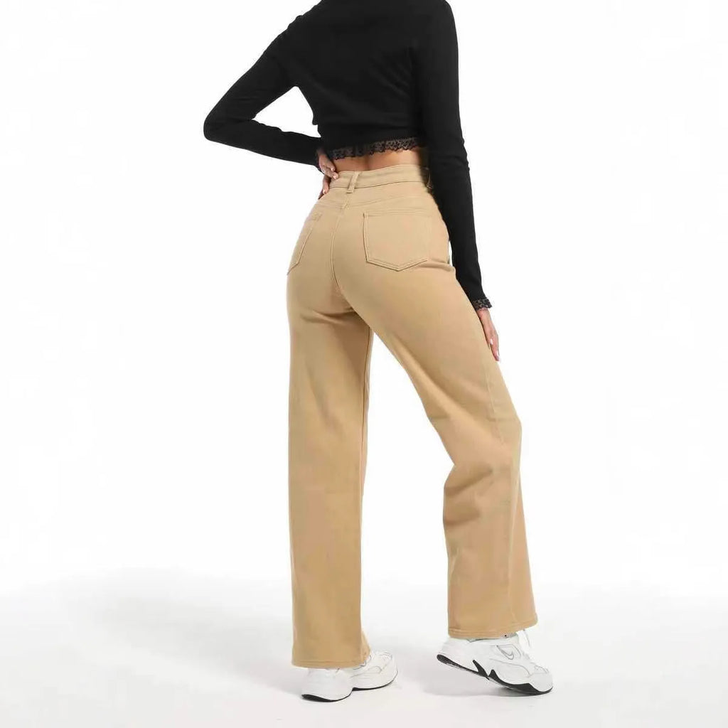 Women's high waist straight jeans in apricot and khaki colours with wide leg cut