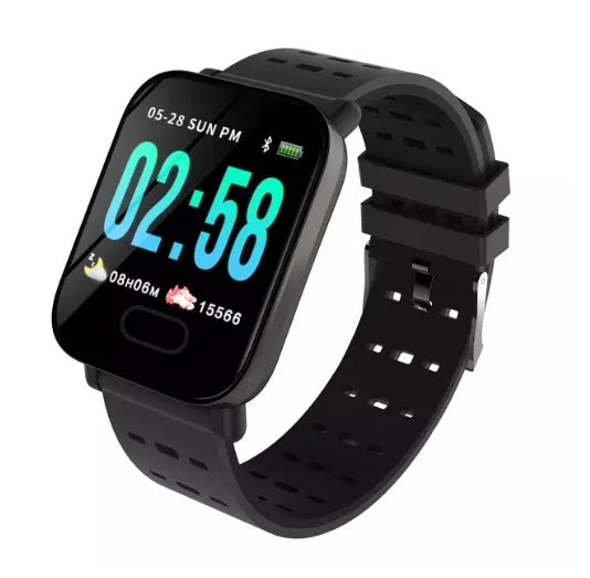 A6 smart bracelet with colour screen and blue silicone strap on a wrist