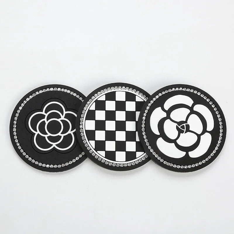 Black and white checkerboard pattern PVC car cup holder mat with non-slip base