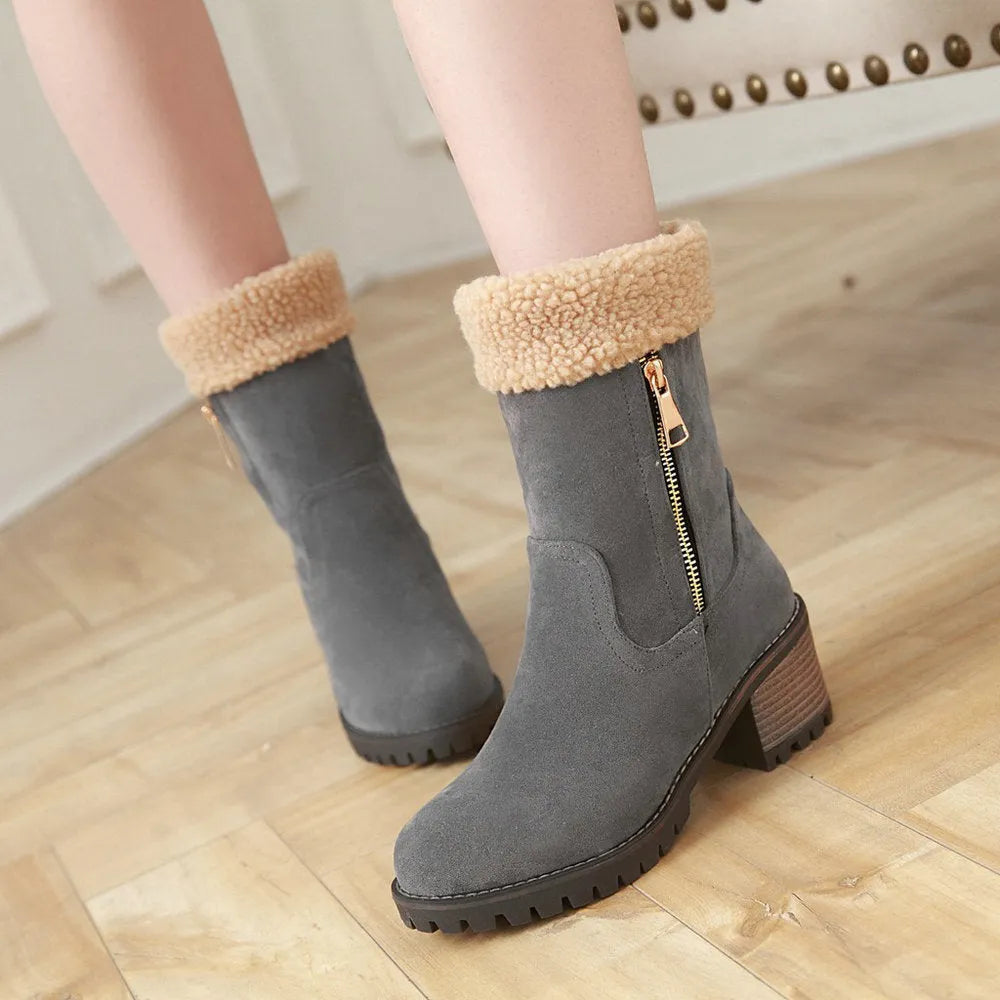 Waterproof snow boots with rubber soles and plush lining in black, grey, green, and orange colours