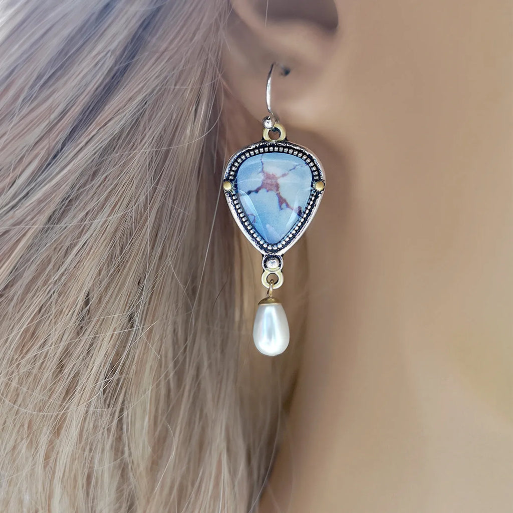 Retro blue drop earrings with two-colour electroplating and geometric bohemian design