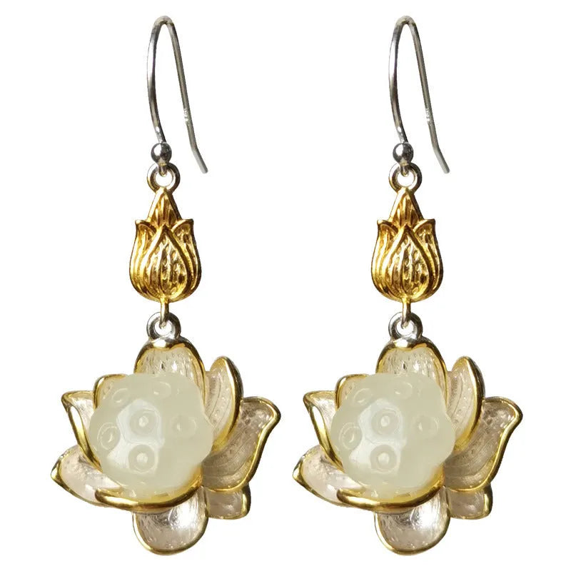 Copper lotus pendant necklace earrings hairpin set with electroplated finish on white background