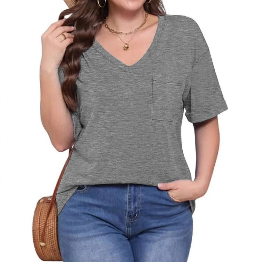 Grey loose V-neck T-shirt with chest pocket in Japanese casual style