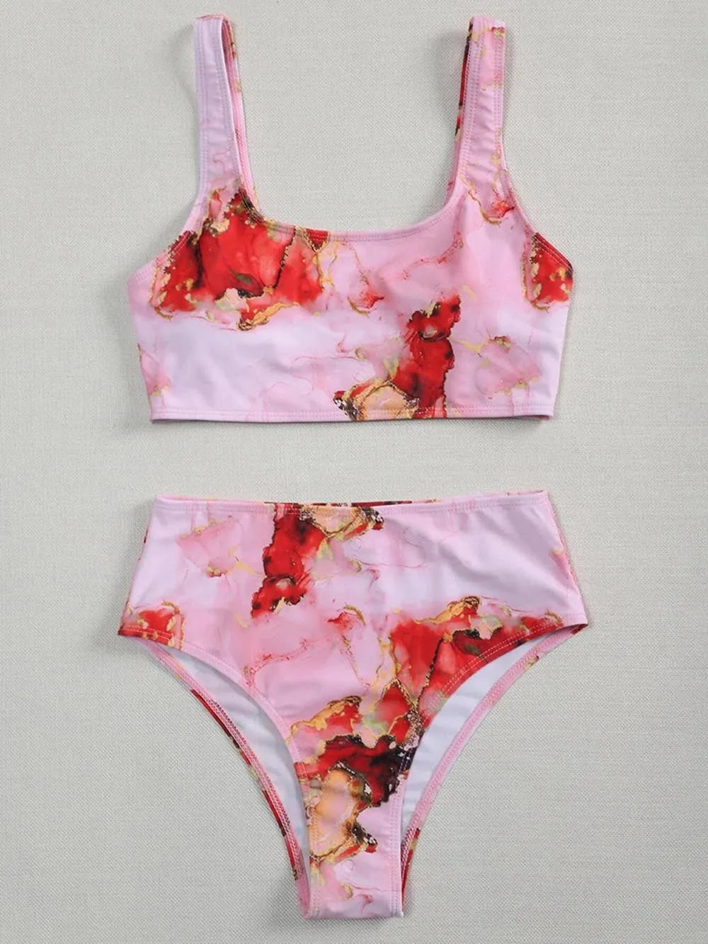 Women's marble tie-dye printed high waist bikini with U-neck design for swimming
