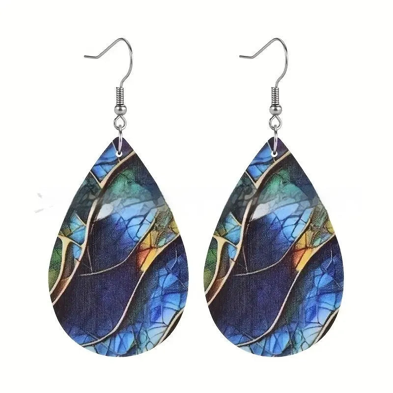 Acrylic flat branch knot earrings with printed drop shape design in style variations