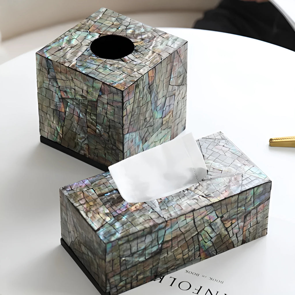 Natural shell tissue box with removable organisation compartments in modern simplicity design