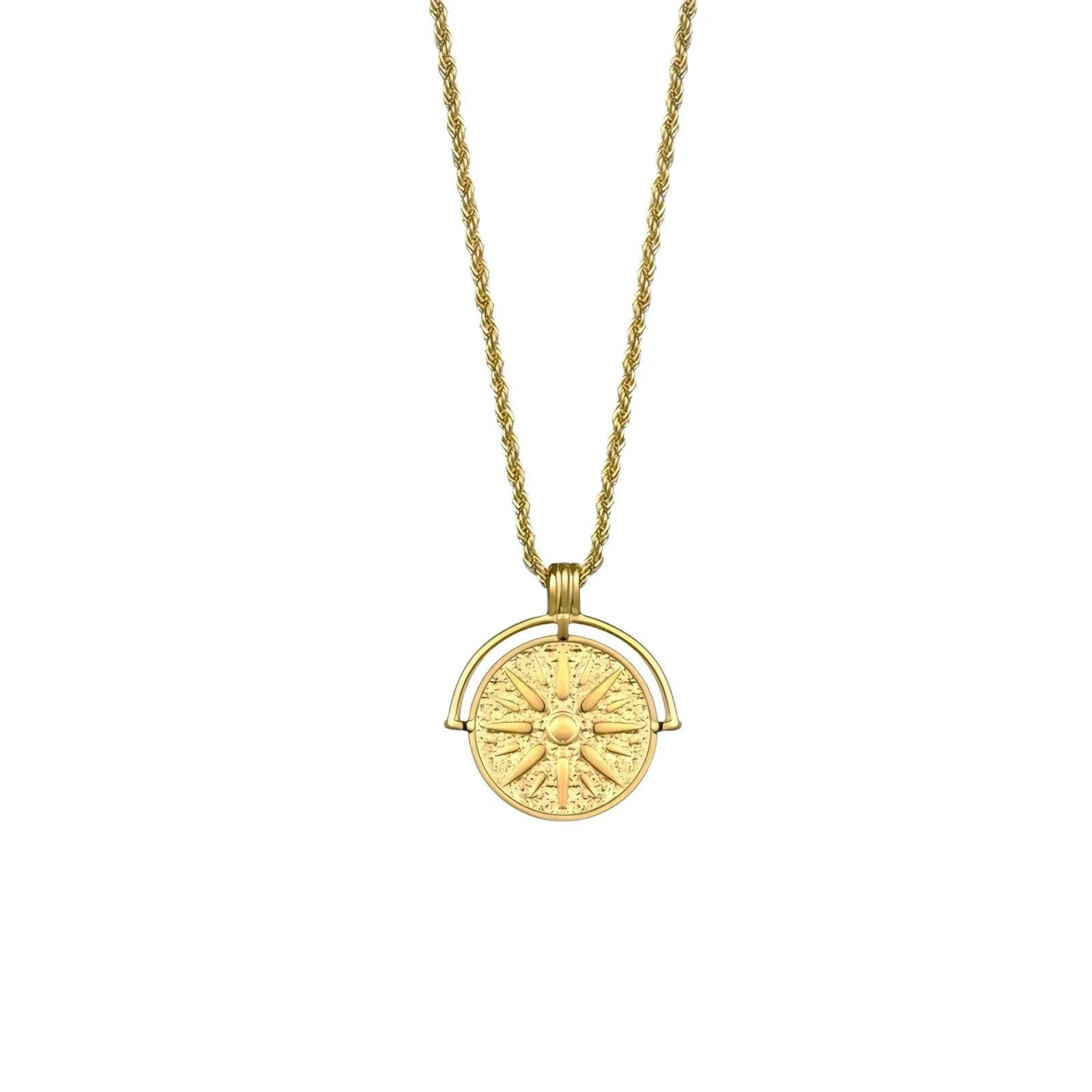 Geometric sunflower embossed pendant necklace on adjustable hemp flower chain