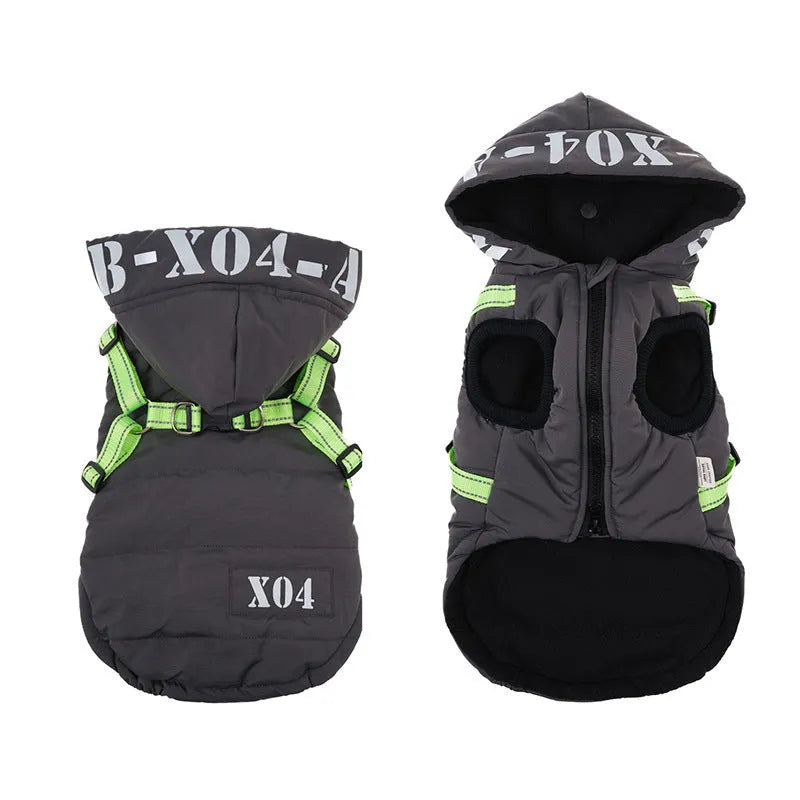 Fleece-lined waterproof dog winter jacket with hood in red colour on small dog
