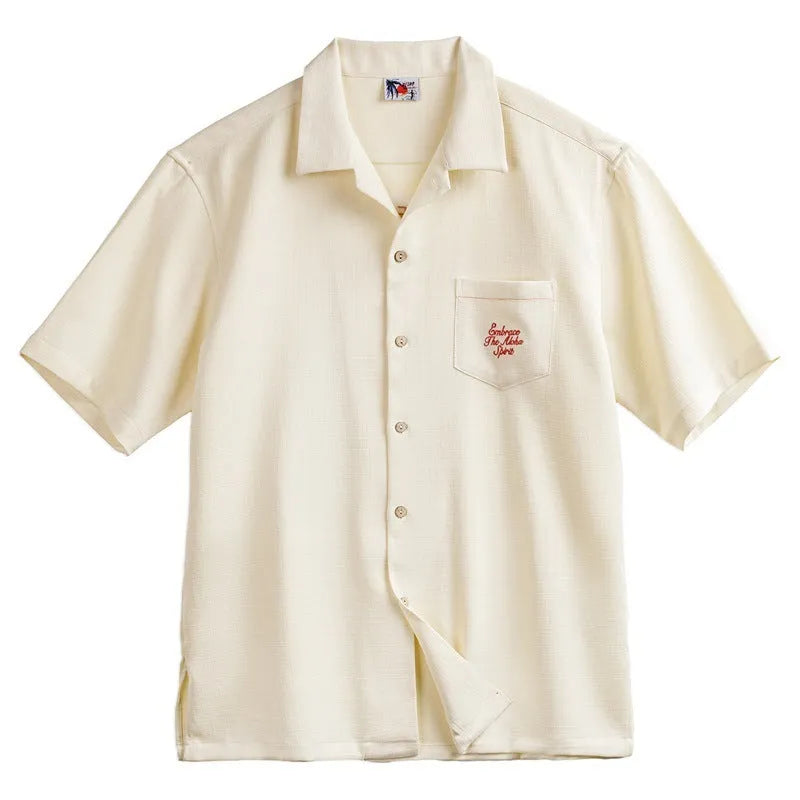 Men's light apricot short sleeve shirt with bamboo pattern and Cuban collar