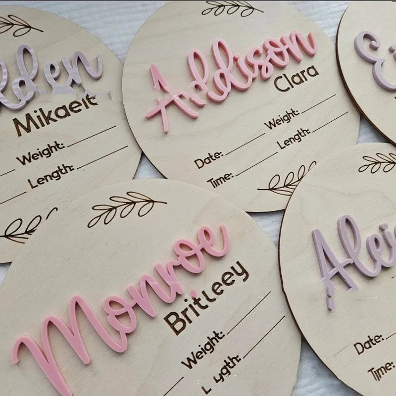 Square wooden baby birth information name label sign measuring 15cm