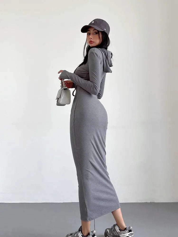 Women's grey polyester sheath dress with long sleeves and a high waist, knee-length.