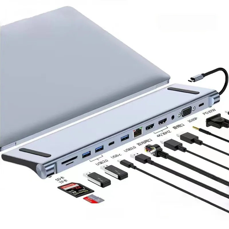 USB-C 7-in-1 expansion dock with HDMI port, USB 3.0 ports, and card readers connected to laptop