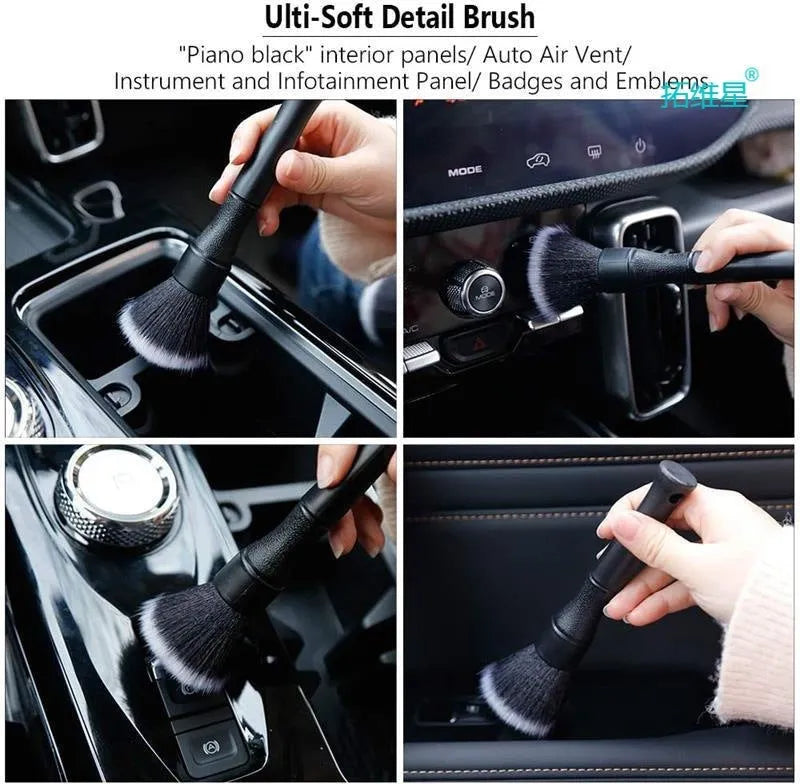 Black car detailing brush with pig hair bristles and PP plastic handle shown in two size options.
