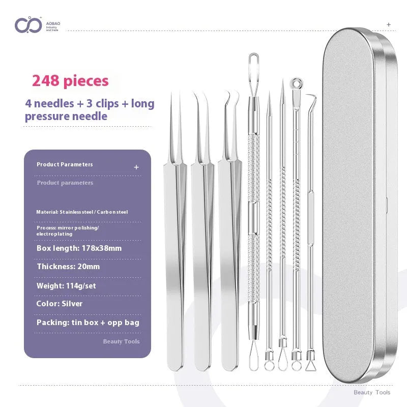 Four metal acne needles with pointed tips arranged on a clean surface.