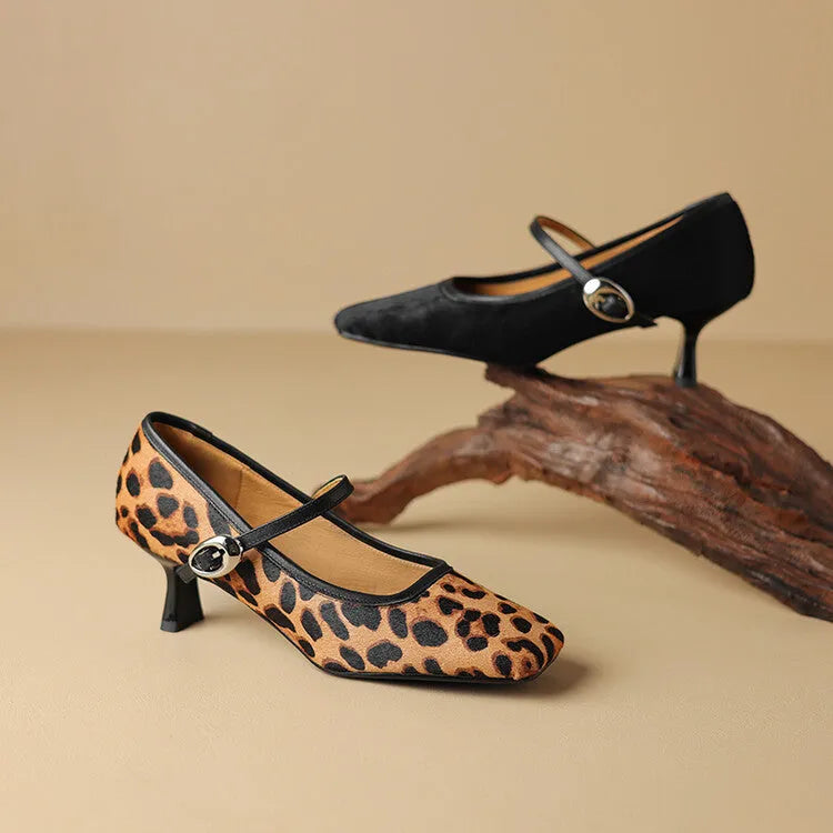 Women's black retro high heels with horse hair upper, square toe, stiletto heel, and an ankle strap buckle.