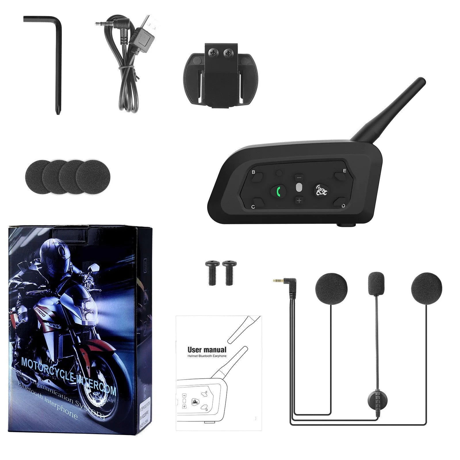 Motorcycle helmet Bluetooth intercom V6pro unit with headphones and mounting accessories