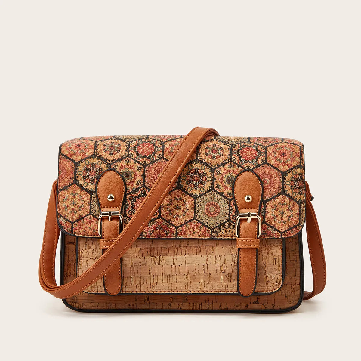 Women's printed PU crossbody bag showing large capacity design with single shoulder strap