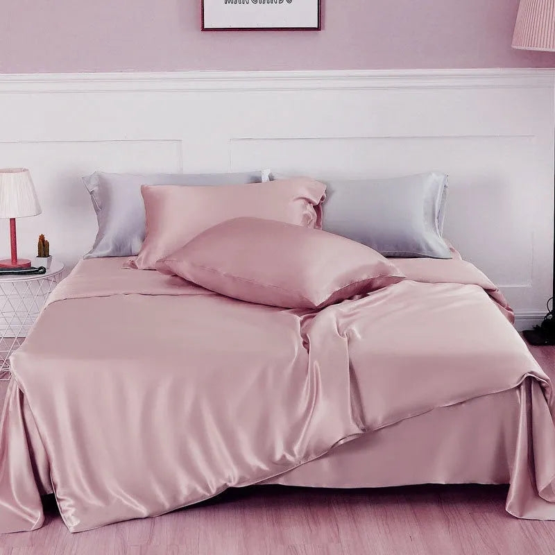 Double-sided silk duvet cover in bright brown colour, shown on a bed.