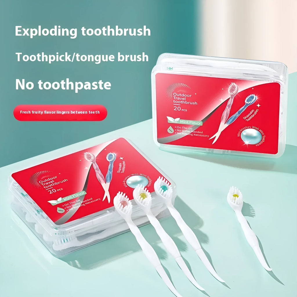 Box containing 20 disposable bead toothbrushes for travel, with mint, peach, and plum green tea flavour options.