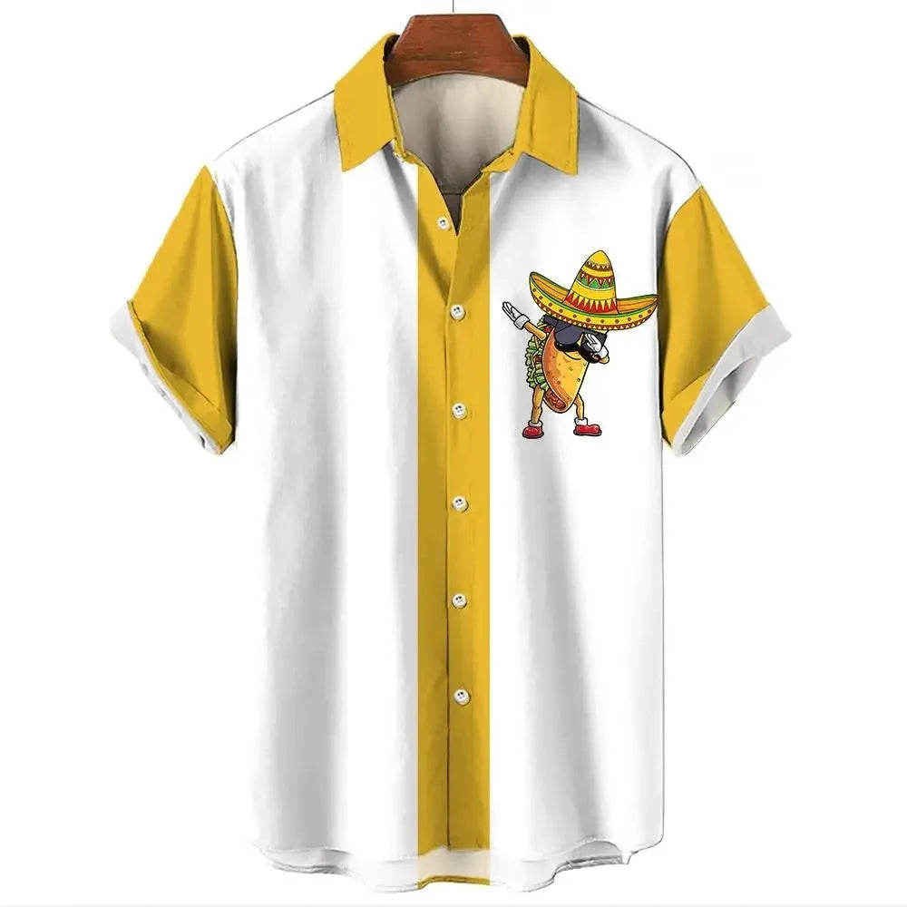 Men's striped Hawaiian shirt in polyester fabric with button-up short sleeves