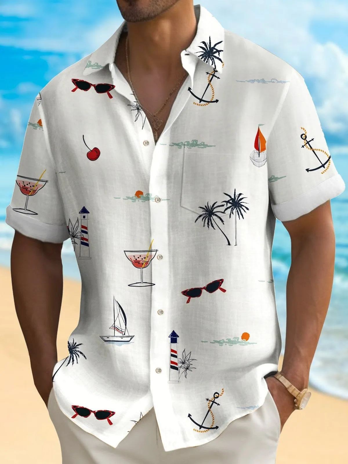Men's loose fit Hawaiian shirt with colourful digital print pattern and short sleeves.