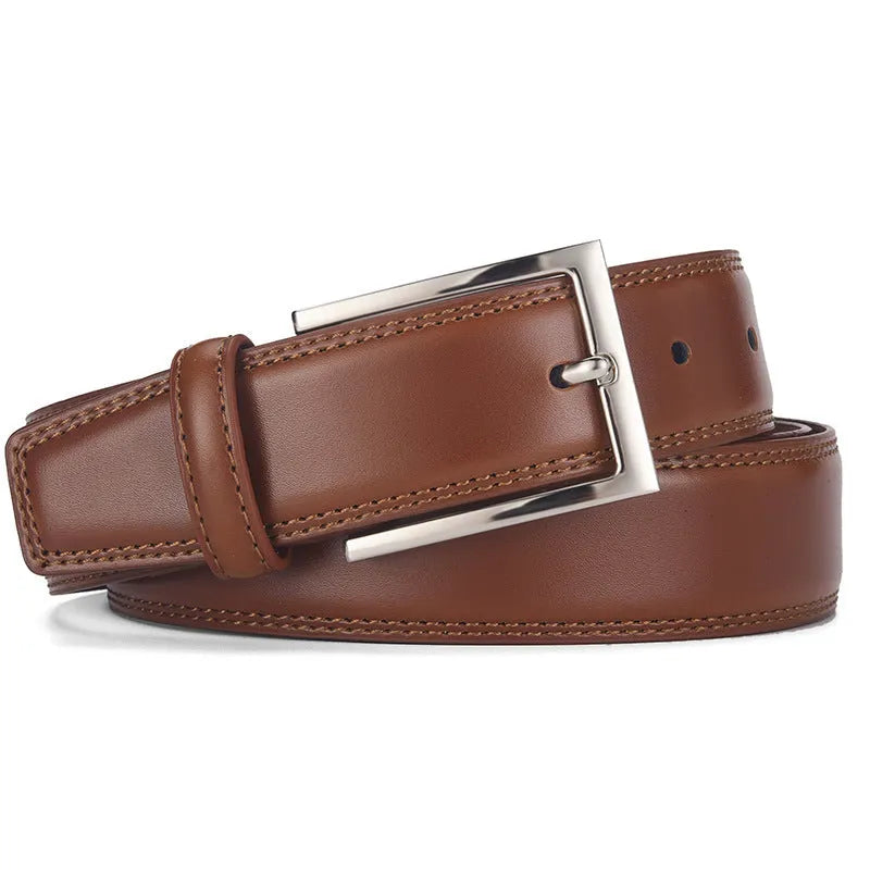 Men's genuine leather belt with alloy pin buckle in black or brown available in multiple lengths