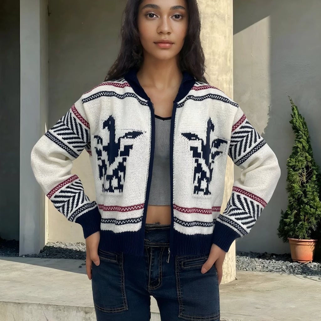 White women's jacquard cardigan with contrast colour stripes and full zip front