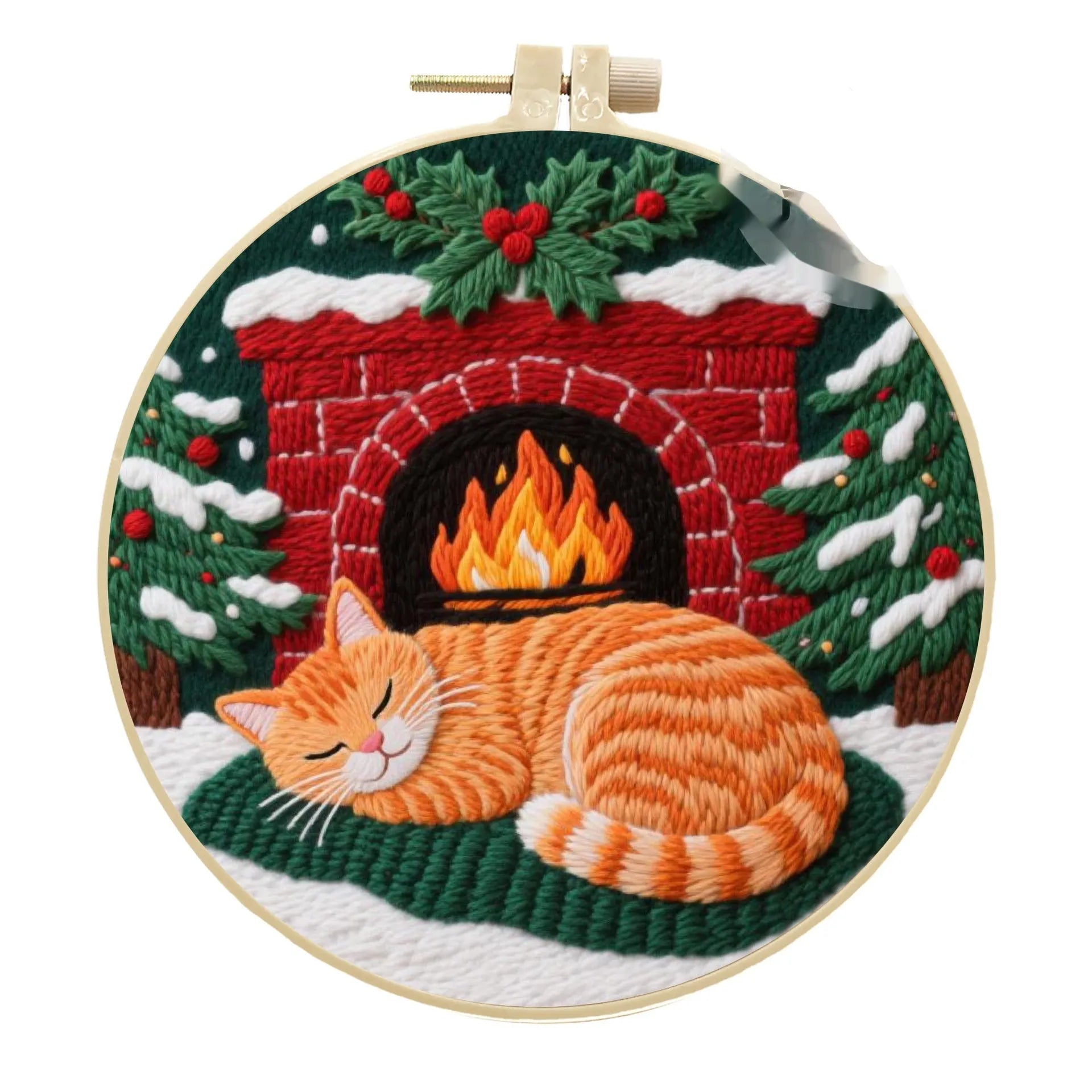 DIY embroidery material kit showing cotton linen fabric with cat and autumn fruit design, optional bamboo hoop and scissors