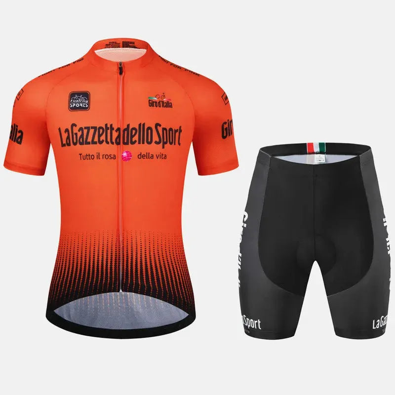 Short sleeve cycling jersey in a colour option, laid flat to show its athletic cut and quick-dry fabric.