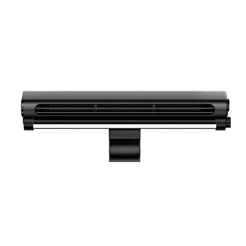 Black USB bladeless fan with clip mount and integrated LED lamp for laptop screens