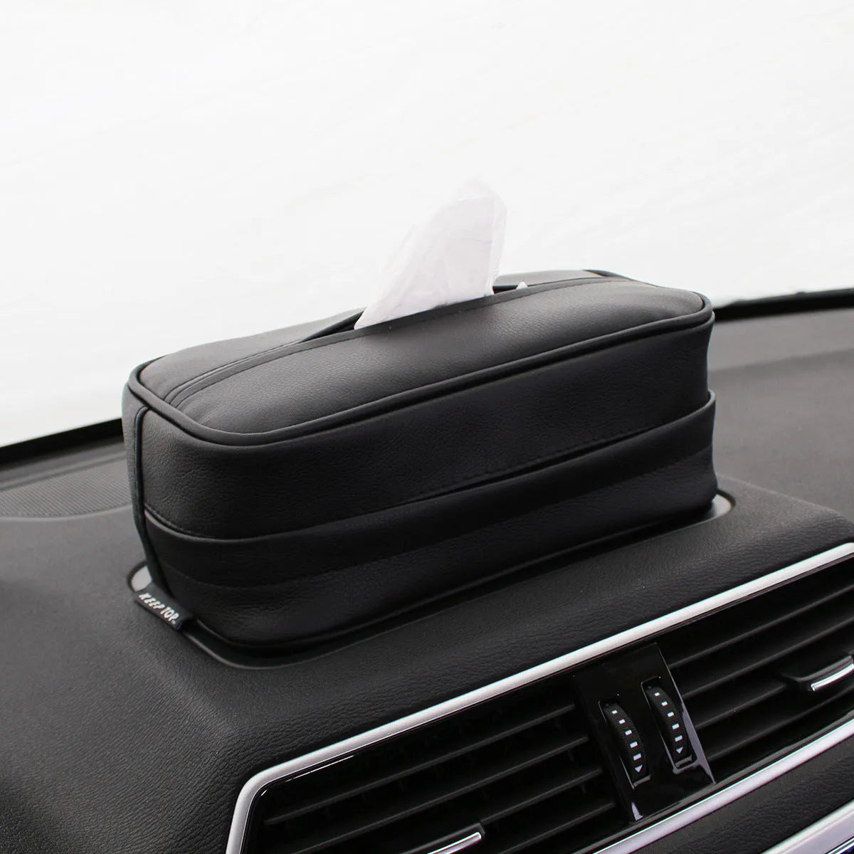 PU leather car hanging storage box bag in black colour showing dimensions and hanging strap