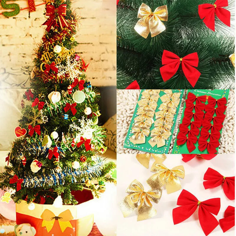 Red gold silver polyester Christmas bow ornament measuring 5 cm with ribbon