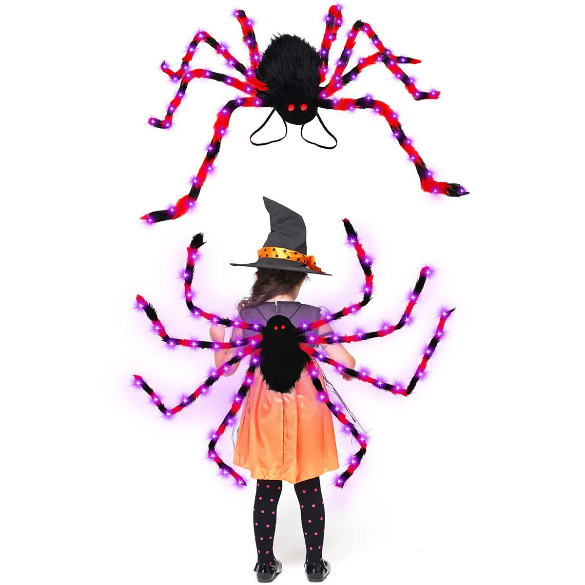 Halloween plush spider backpack with purple LED lights in one of five colour options.