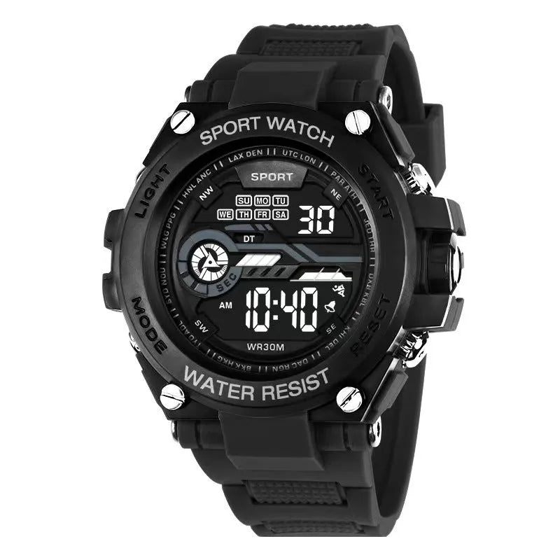 Digital electronic wristwatch with a colourful silicone strap on a wrist, showing the LED display.