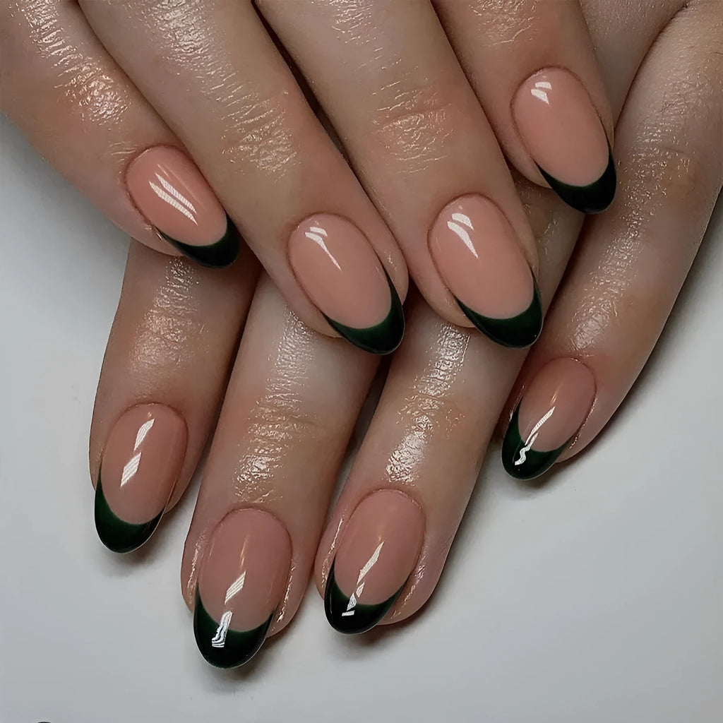 Set of 24 black French style false nails in a short almond shape