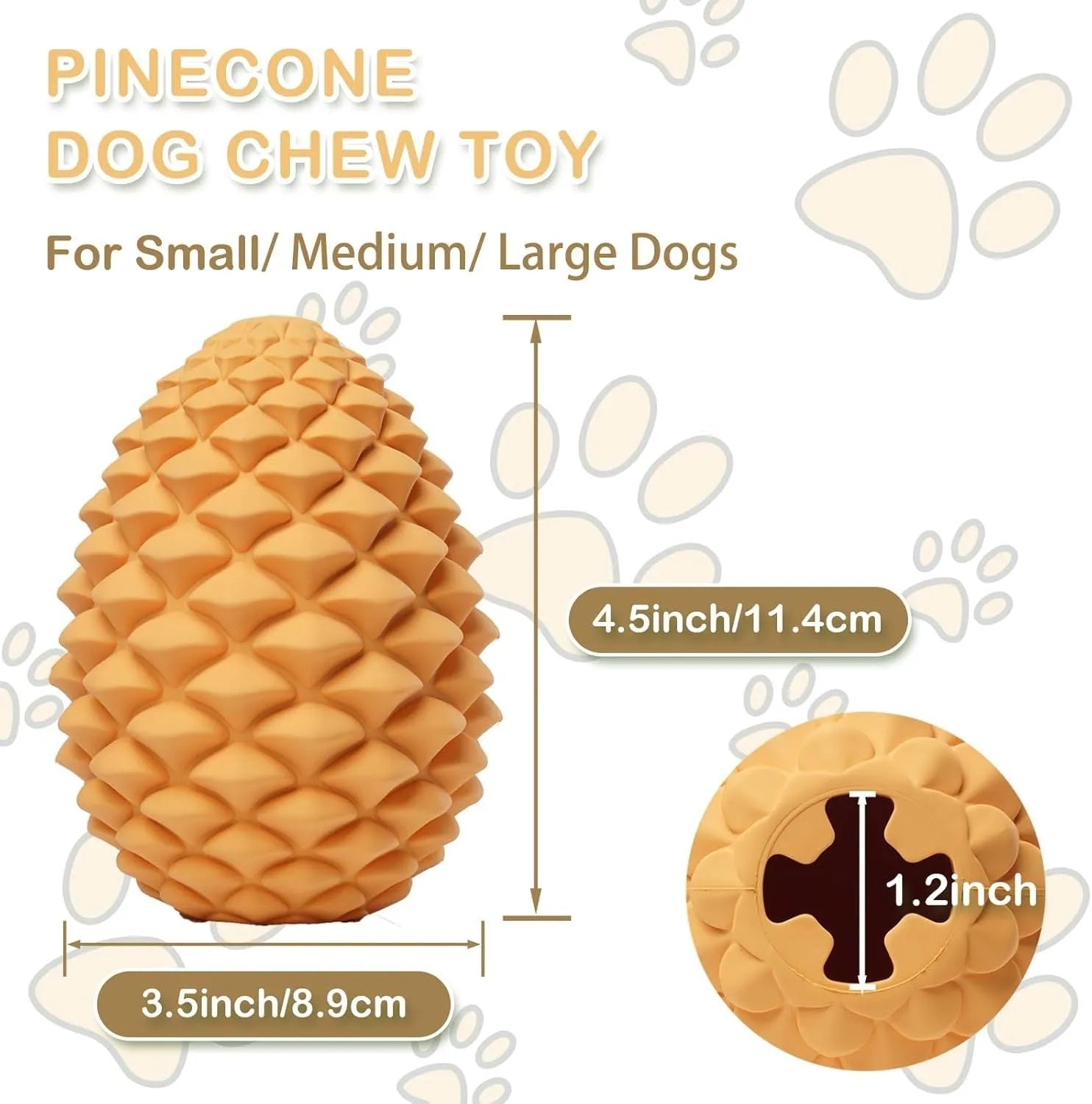 Yellow pine cone dog chew toy with treat dispenser hole for medium and large dogs