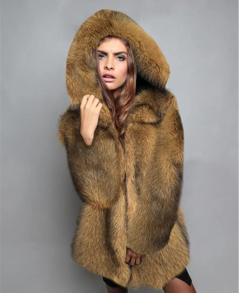 Silver grey loose mid-length artificial fur coat for women on a hanger.
