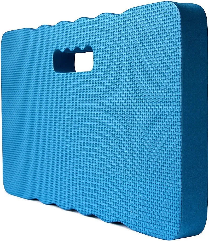 Blue plastic EVA foam garden kneeler pad on grass, showing size and thickness.
