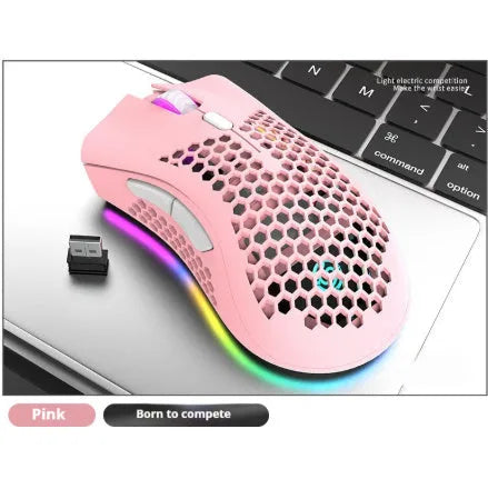 Wireless gaming mouse with hollow-out shell showing RGB lighting through openings