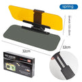 Dual-function anti-glare car sun visor with telescopic arm and acrylic lens.