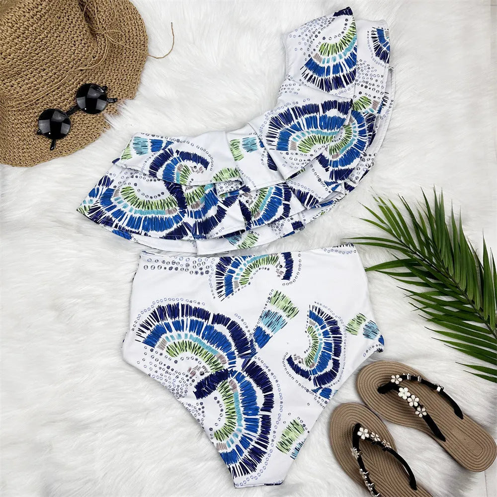 White women's one-shoulder swimsuit with double-layer construction and lotus leaf detailing