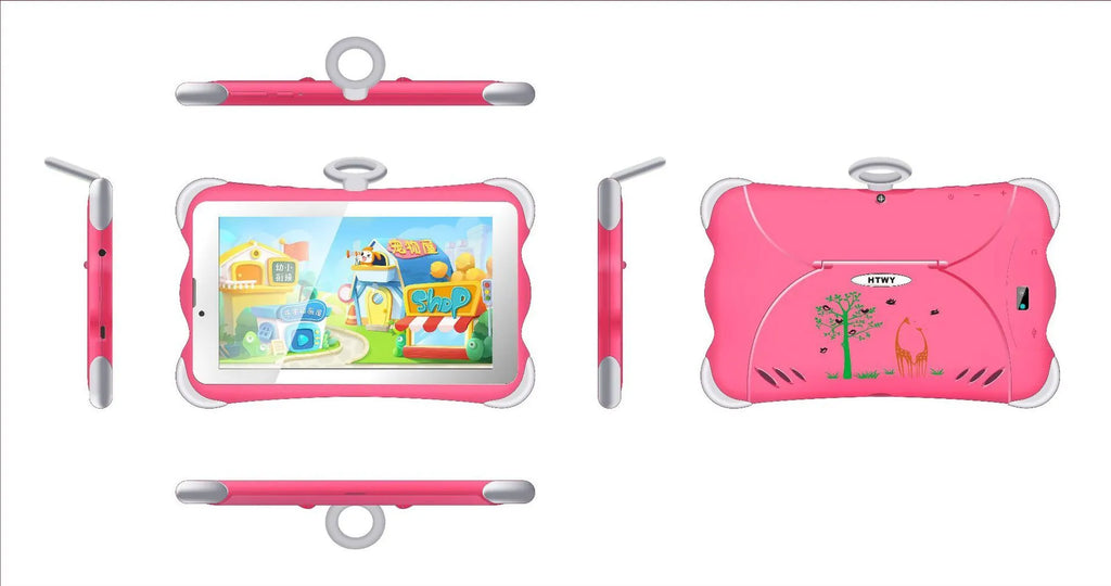 Cartoon-coloured 7-inch children's learning tablet with a flip-out stand on a table